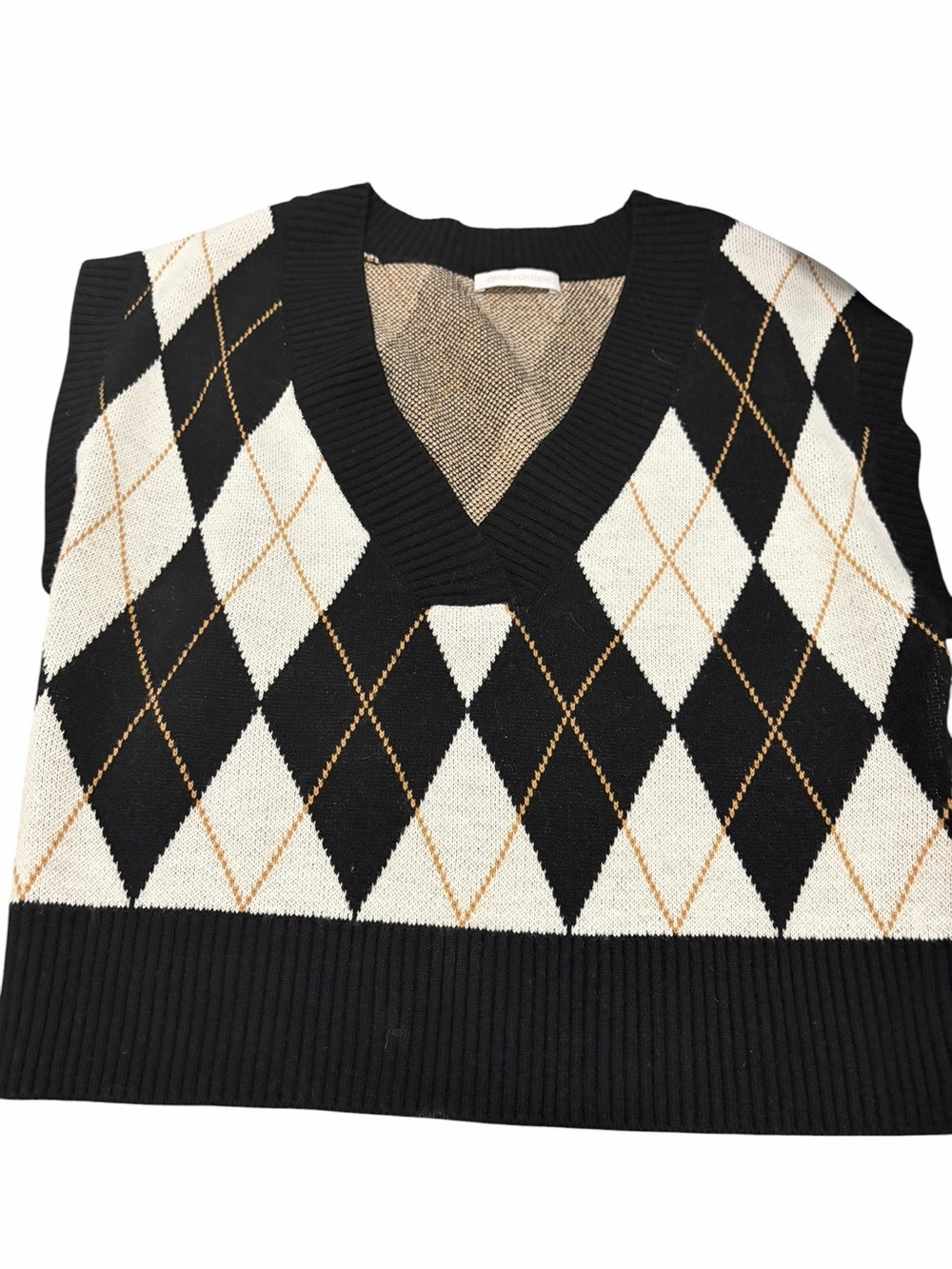 Anne Fontaine Black, Cream and Tan Argyle V-Neck Sweater Vest